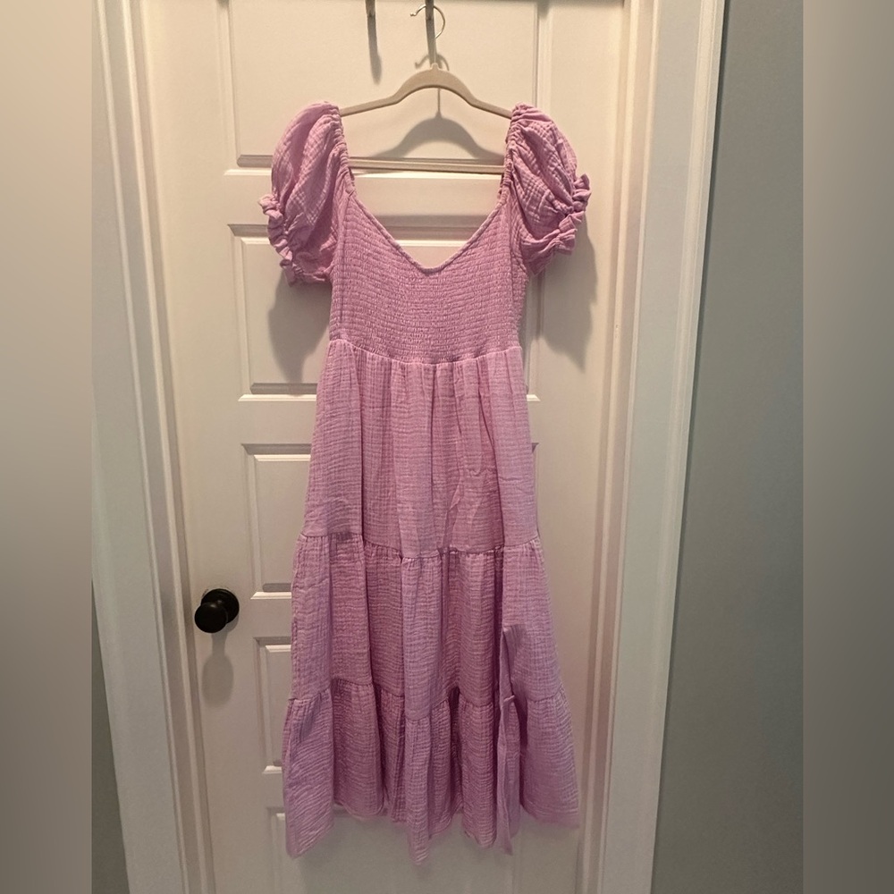 Women's Lavender Puff-Sleeve Tiered Dress - 100% Cotton, Size M